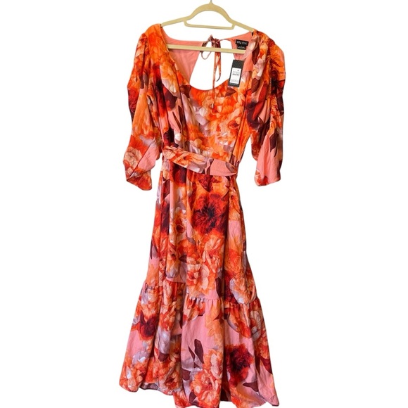 City Chic Dresses & Skirts - City Chic Poppie Print Maxi dress Size 20 NWT Orange Pink Puff sleeve Tied waist